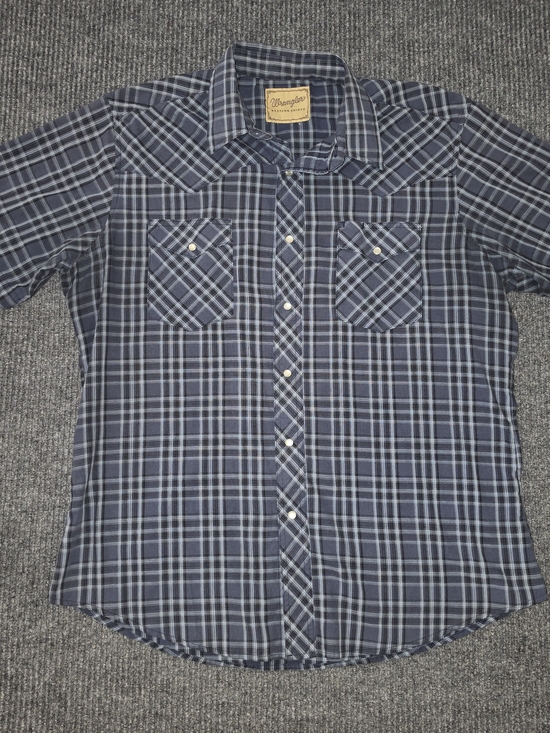 Wrangler Other - Wrangler Navy and Light Blue Plaid Short-Sleeve Pearl Snap Shirt